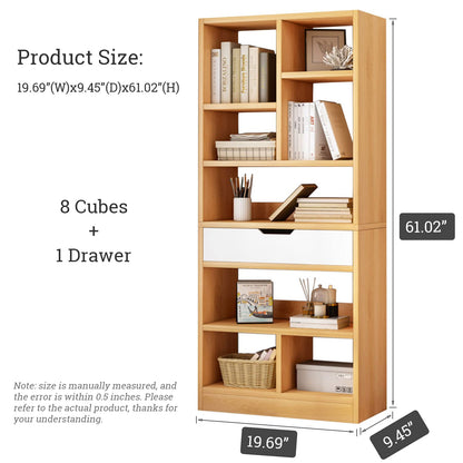IOTXY Wooden Open Shelf Bookcase - 61 Inches Height Freestanding Display Storage Cabinet Organizer with 8 Cubes and a Drawer, Floor Standing Bookshelf in Maple Yellow