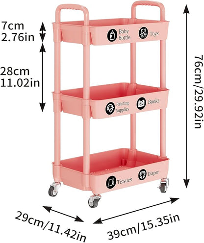 Laiensia 3-Tier Rolling Cart with Wheels,Multifunction Utility Storage Carts, Kitchen Storage Organizer,Mobile Shelving Unit for Bathroom,Laundry,with Classified Stickers,Pink