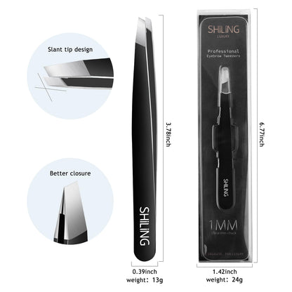 Shiling Professional Eyebrow Tweezers for Women and Men, Black Stainless Steel Slant Tip, 1mm Ultra-Thin Precision Tip, Anti-Rust, Facial Hair Removal Tool