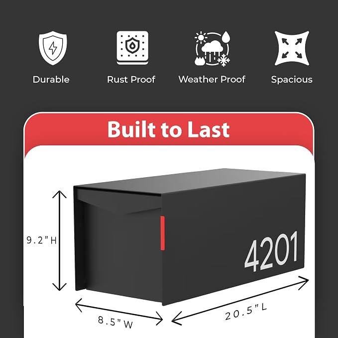 Olio Home Mailbox | Modern Design Personalized Thompson Flat Top Post Mount Mail Box | 20.5” x 9.2” x 8.5” | Galvanized Steel Mailboxes for Outside | Made in USA Mail Boxes for House | Black