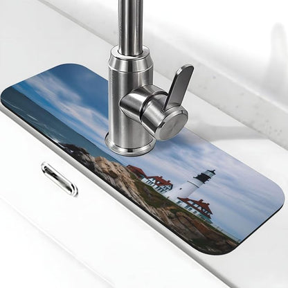 Kitchen Sink Splash Guard Faucet Mat Lighthouse Beach Sky 15"x5.5", Diatom Mat