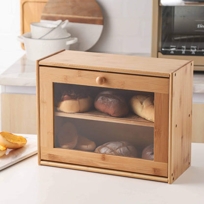 Bread Box, 2 Layer Bamboo Bread Boxes with transparent windows for Kitchen Food Storage, Equipped with three transparent glass storage Kitchen Canisters，15.7" x 6.69" x 12", (Assembled)