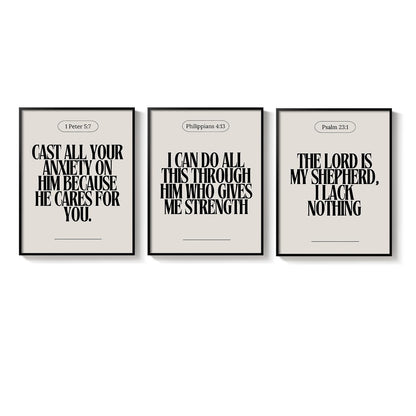 Framed Christian Wall Art Set of 3, Neutral Bible Verse Prints 1 Peter 5 7 Philippians 4 13 Psalm 23 1, Religious Inspirational Scripture Artwork Decor for Living Room Bedroom Prayer Room, 12x16 Inch