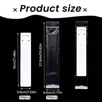 Wzttdm 100 Pcs Necklace Display Card White, 7.5x 1.6 Inch Long Jewelry Holder Cards for Selling, Bracelet Display Cards with Clear Bags for Bracelet Necklace Jewelry Packaging Supplies