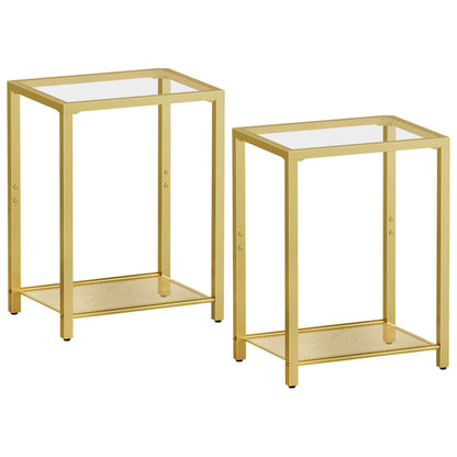 HOOBRO Set of 2 Side Tables, 2-Tier End Table, Nightstands for Tight Spaces, Tempered Glass Bedside Tables, Modern Metal Frame, for Office, Bedroom, Living Room, Study, Gold GD76BZP201