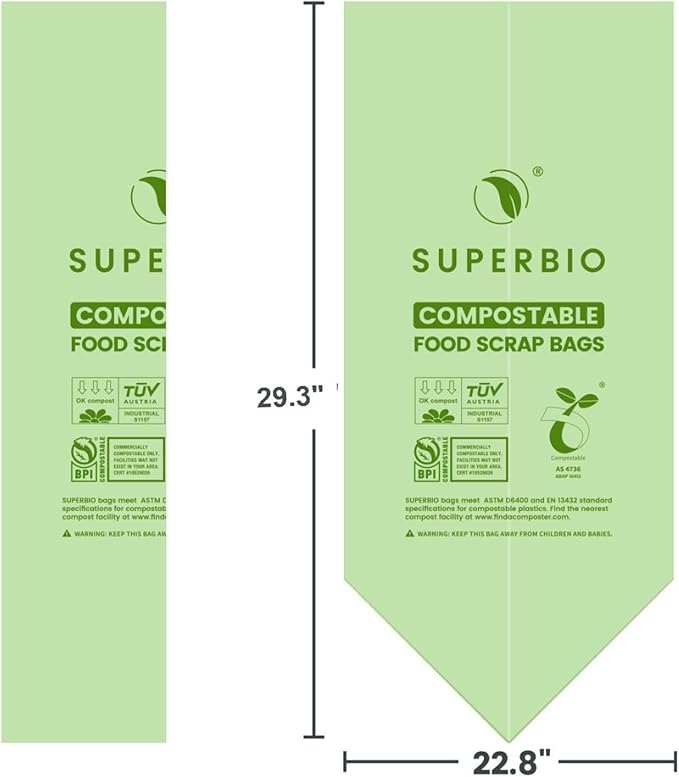 SUPERBIO 13 Gallon Flat Top Compostable Food Waste Bags, 2 Pack, 0.87 Mil