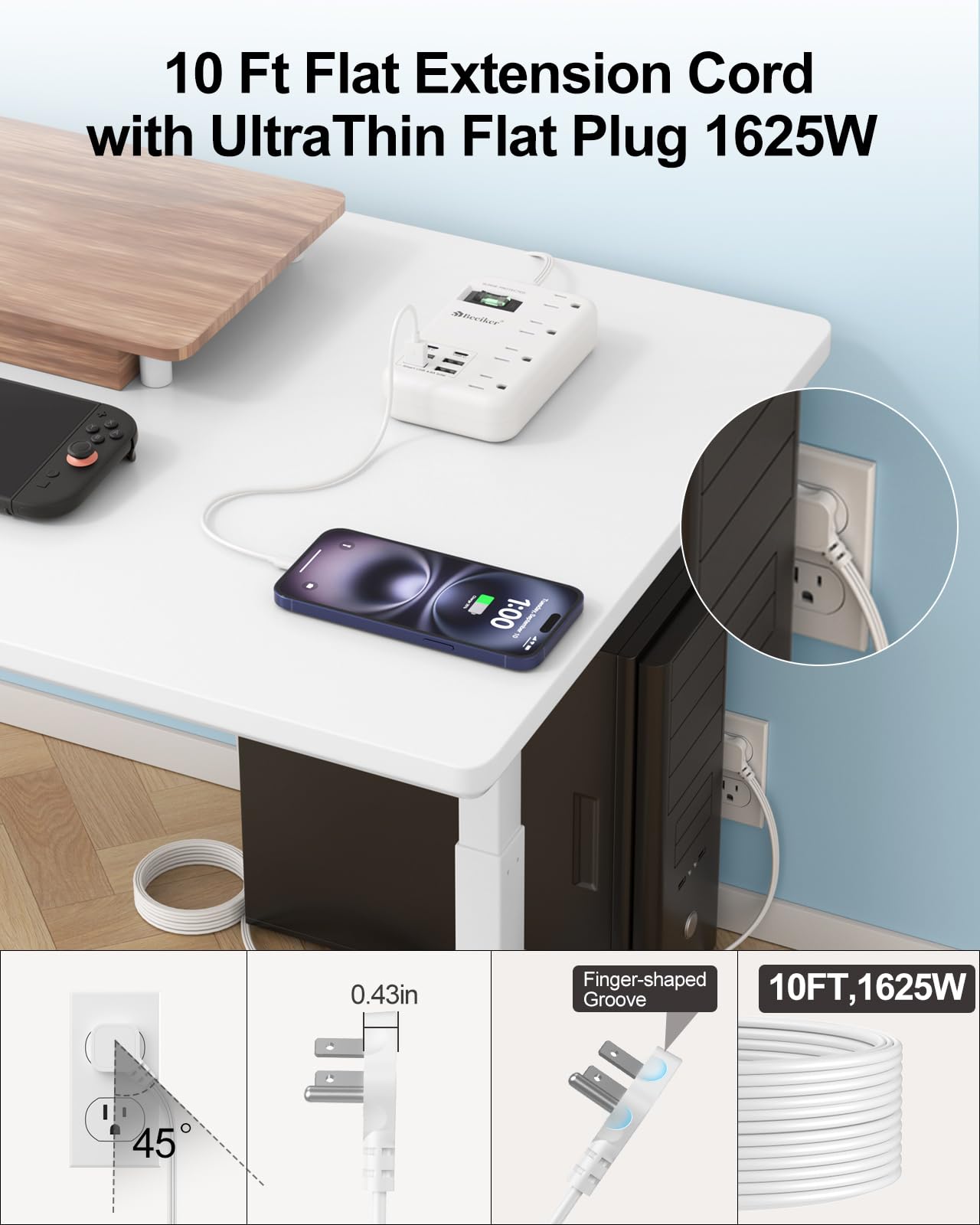 6 USB(2 USB C) Purple Travel Power Strip- 5Ft Lavender Extension Cord with 24W USB Charging Station and 4 Outlets, Purple Desk Accessories with Surge Protector for Cute Kawaii Office Dorm Room