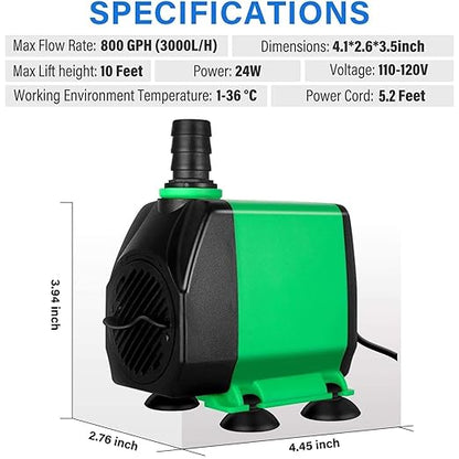 Simple Deluxe 800 GPH Water Table Pump (3000L/H, 24W), Ultra Quiet Fountain Pump with 10 ft, 3 Nozzles for Fish Tank, Pond, Aquarium, Hydroponics, Green (Pack of 3)