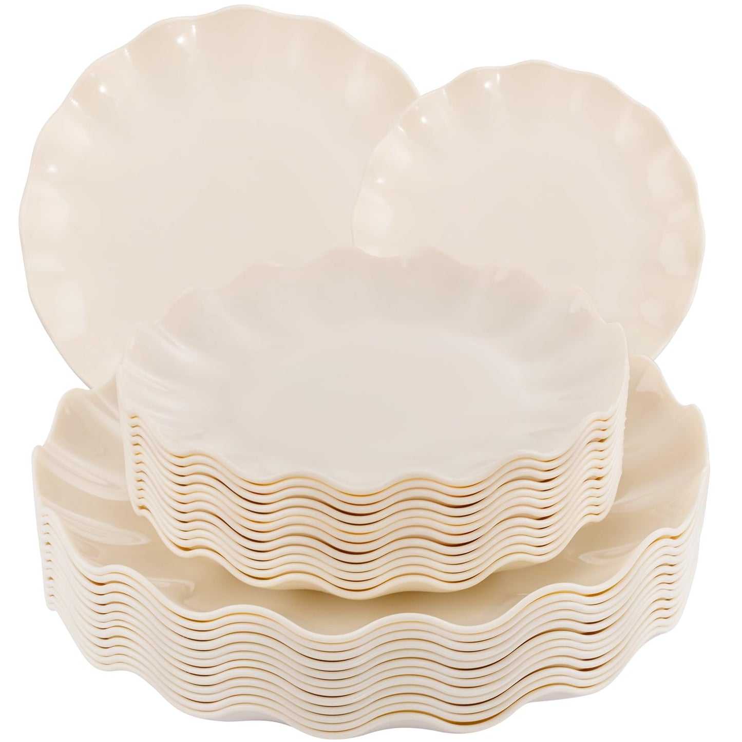 LIYH 24pcs Plastic Plates Reusable,Unbreakable Dinner Plates, Scalloped Plastic Plates, Dishwasher Safe,Ivory Plate Sets Perfect for Parties, Birthday, Picnics, BPA Free(12Guests)