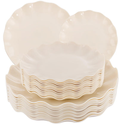 LIYH 24pcs Plastic Plates Reusable,Unbreakable Dinner Plates, Scalloped Plastic Plates, Dishwasher Safe,Ivory Plate Sets Perfect for Parties, Birthday, Picnics, BPA Free(12Guests)