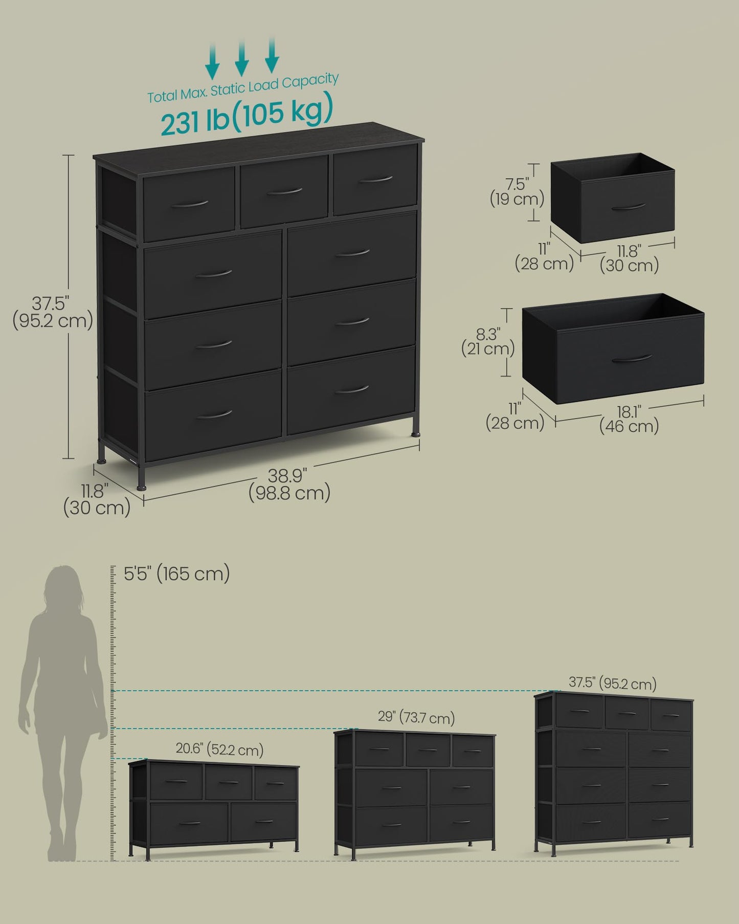 SONGMICS BELLAH Collection - Dresser for Bedroom, Chest of Drawers, Storage Organizer Unit, Closet, Entryway, Steel, 9 Drawers, Modern, Ink Black and Ebony Black ULGS324B01S