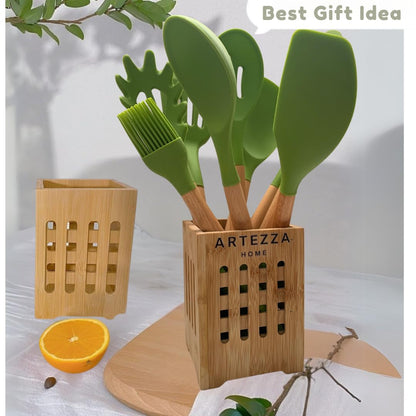 Green Silicone Kitchen Utensil Set – 10-Piece Cooking Tools with Wooden Handles & Ventilated Bamboo Holder, Heat-Resistant Silicone, Nonstick Safe, BPA-Free Kitchen Gadgets Set – Sage Green