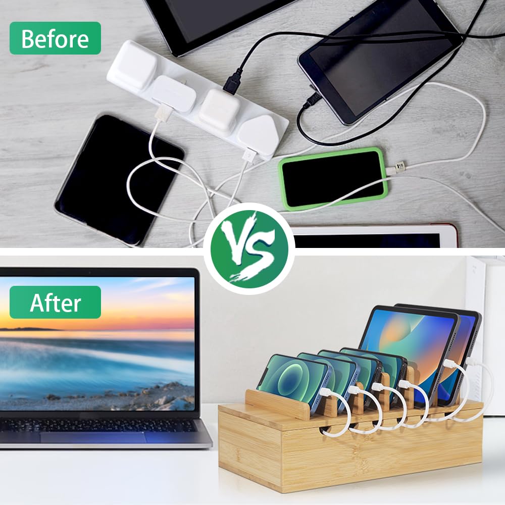 LEOKKARR Bamboo Charging Station for Multiple Devices, Desk Docking Stations Organizer Compatible with iPhone Devices, Wood Charging Cell Phone Holder Stand (Includes 6 Cables) (NO Power Supply)