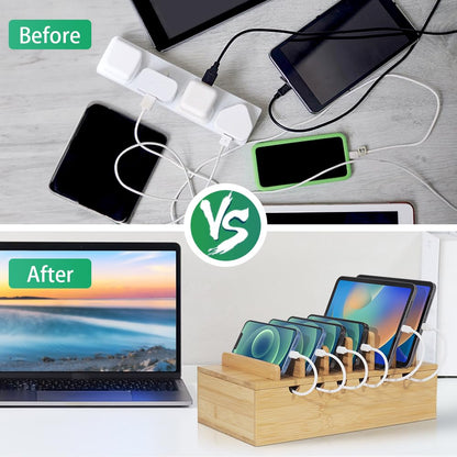 LEOKKARR Bamboo Charging Station for Multiple Devices, Desk Docking Stations Organizer Compatible with iPhone Devices, Wood Charging Cell Phone Holder Stand (Includes 6 Cables) (NO Power Supply)