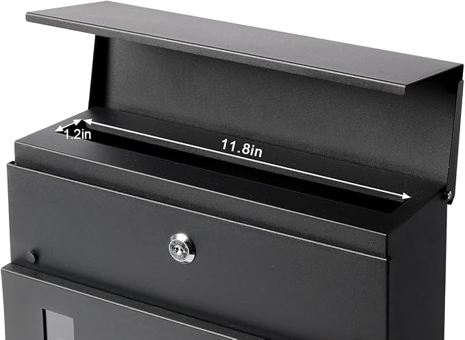 Decaller Large Capacity Mailbox with Key Lock, Wall Mount Metal Mail Box with Newspaper Compartment for Outside, 14.4" x 13" x 4.2", 939 Black