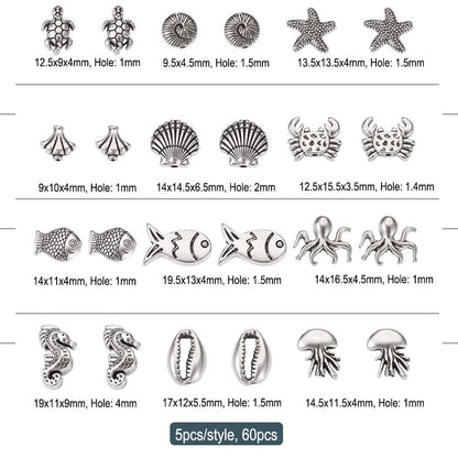Fashewelry 60pcs Ocean Animal Tibetan Loose Spacer Beads Turtle Shell Fish Antique Silver Sea Life Creatures Alloy Western Beads for Necklace Bracelet Earring Craft Jewelry Making Supplies