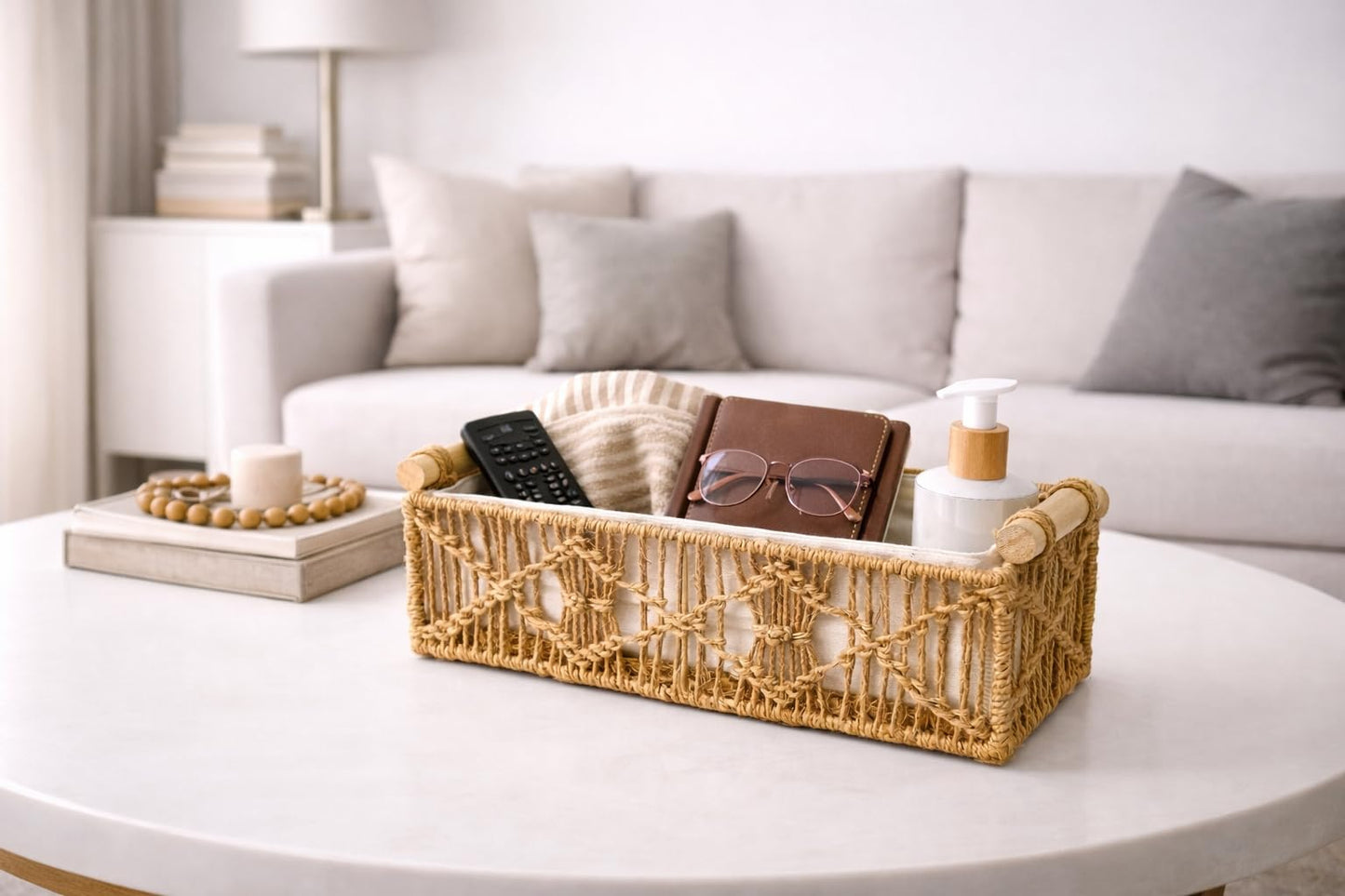 SDFUMAO Handwoven Jute Rope Storage Basket with Paulownia Wood Handles, Rectangular Decorative Organizer Bin with Removable Fabric Liner for Shelves, Countertops & Home Organization