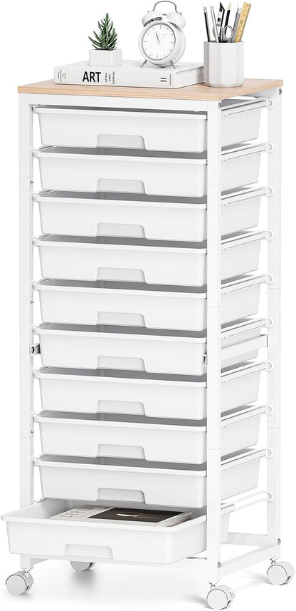SYKIARIOL Rolling Cart with Drawers,10 Drawer Rolling Cart,Storage Cart with Wheels,Utility Cart with Drawers,Teacher Cart for Classroom Storage,Craft Cart with Wheels and Wooden Tabletop,White