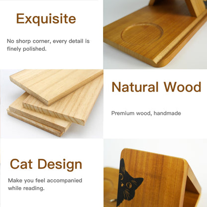Adeerus Wooden Book Stand, Triangle Book Holder, Small Bookshelf, Black Cat Book Rest with Cup Holder, for Reading or Desktop Decoration, Coffee and Book Lovers Father's Day Gifts for Dad & Husband