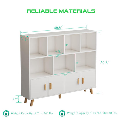 OSCHF Cubby Shelf Bookcase with Doors - Wooden 11 Cube Floor Standing Open Bookshelf with Solid Wood Legs, 3-Tier Storage Cabinet, Warm White