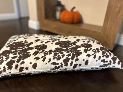 Natural Cotton Canvas Dog Bed – Raw Cotton Filled Pet Cushion Insert, Breathable Eco-Friendly Dog Mattress, Durable Washable Cover with Zipper (Cow Print Brown White, Medium 42"x29"x4")