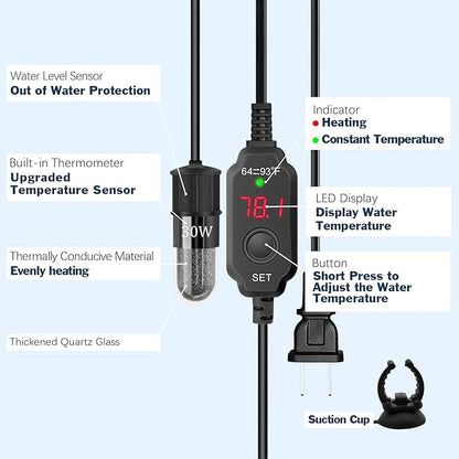 YOFOTHS Adjustable Mini Aquarium Heater 0.5/1/2/3 Gallon Submersible Small Fish Tank Heater 10W/20W/30W Digital Display Thermostat External Temperature Controller(30W)
