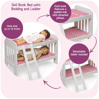 Badger Basket Chevron Doll Bunk Bed with Bedding, Ladder, and Padded Mats – Ideal for Dolls Up to 20 Inches in White and Pink