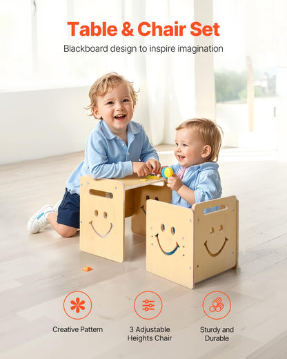 VEVOR Montessori Weaning Table and Chair Set, 3 in 1 Wooden Toddler Table and Chairs with Chalkboard, Adjustable Height Montessori Table for Ages 1-5, Ideal for Drawing, Reading, Eating - Natural