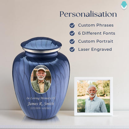 Geturns - Adult Custom Cremation Urns for Human Ashes I Large Pearl Cobalt Blue Photo Funeral Urn for Female and Male I 200 lbs