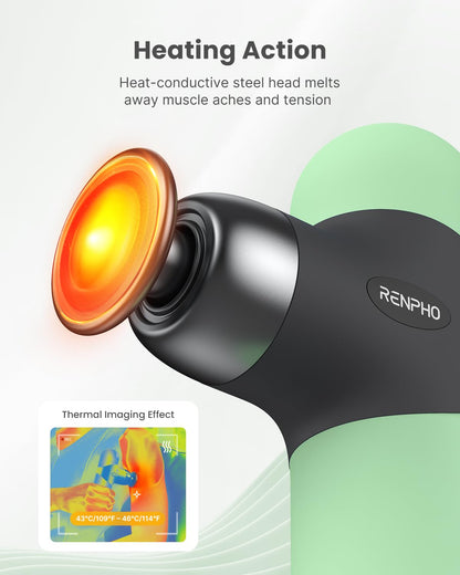 RENPHO Mini Thermal Massage Gun with Heat, Portable Deep Tissue Percussion Massager, Color Silicone Sleeves Travel Size with Carry Case, Grey