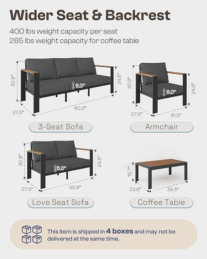 Aluminum Outdoor Patio Furniture Set with Coffee Table, 5 Piece Patio Conversation Sets with Washable Thick Cushions, Outdoor Sectional Furniture Set for Porch, Balcony, Deck, Yard, Graphite