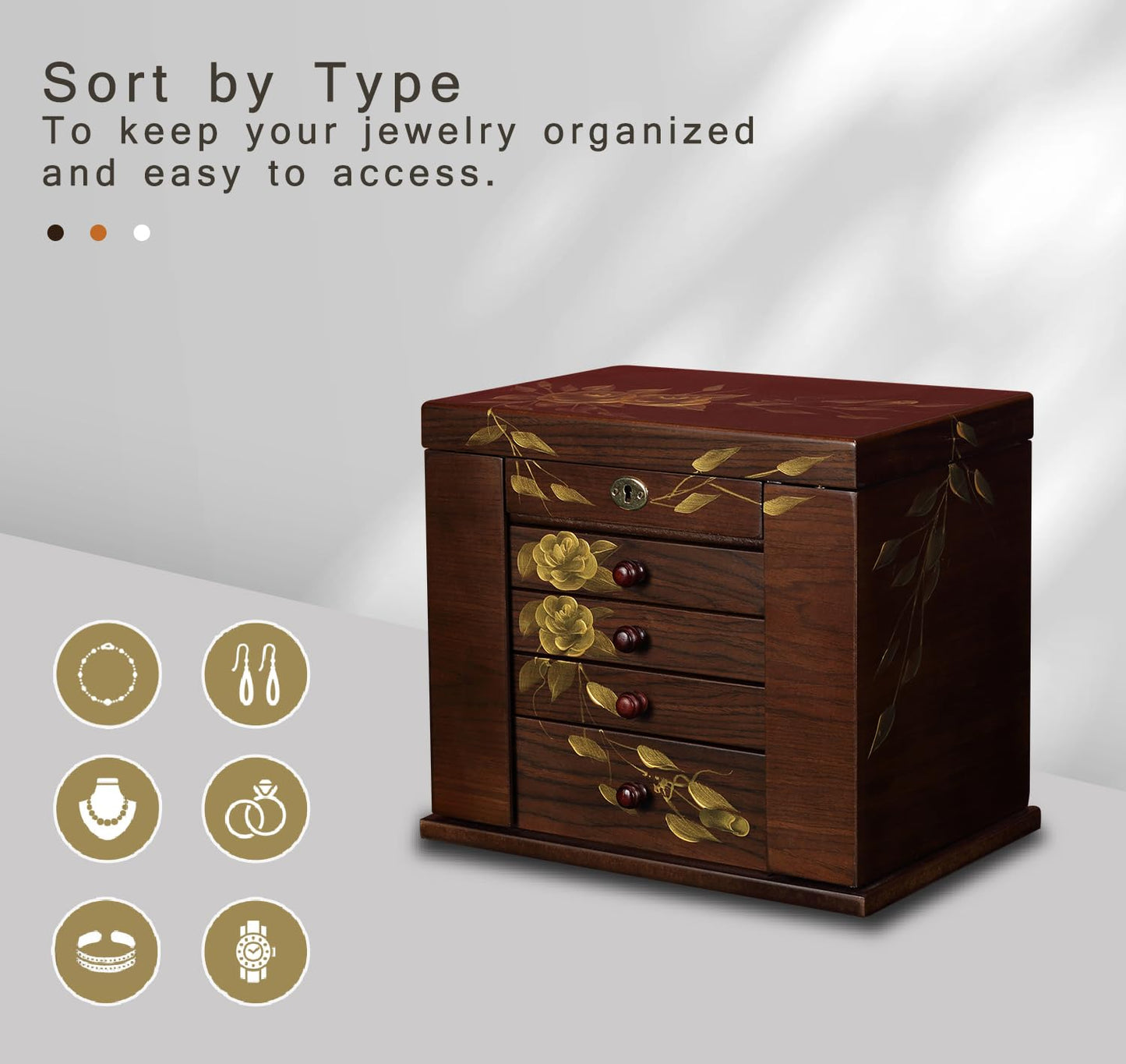 Xloverise Wooden Jewelry Box for Women, 5-Layer Large Wood Jewelry Boxes & Organizer with Drawers for Rings Necklaces,Hand-painted rose flowers jewelry case organizer,jewelry safe