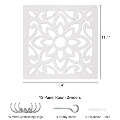 ANMINY 12 PCS Hanging Room Divider Decorative Thick Wall Screen Panels Floral Carving Pattern Hollow Out Design for Bedroom Living Dining Room Kitchen Office Restaurant Home Hotel Decor - White Flower