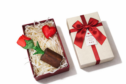 WOODEN ISLANDS Hand-Carved Wooden Flower with Red Heart - Handcrafted Everlasting Wood Sculpture - 5th Anniversary, Valentine's Day, Birthday Gift for Her - Gift Box Included (Red Rose)