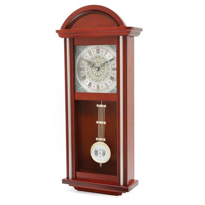 CUYOU Arched Wooden Wall Clock with Pendulum and Chimes,Battery Operated,Large Elegant Wooden Design,for Living Room, Kitchen,Office&Home Decor (Brown)