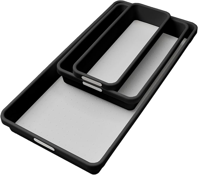 madesmart Classic 3 Bin Drawer Organizer Set, Carbon | non slip feet, rounded corners, modular layout, mixed sizes, custom fit, office craft supplies, makeup tools, woman owned