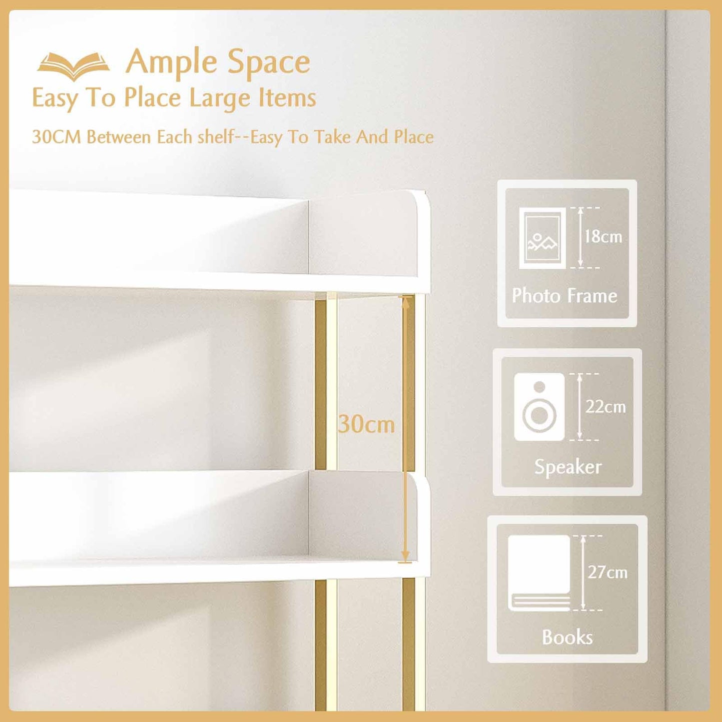 OSCHF Wide Open Shelf Bookcase - Modern 3-Tier Floor Standing Display Bookshelf with Three-Side Panels for Home and Office, Storage Shelving in Warm White with Gold Frame