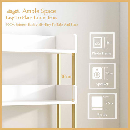 OSCHF Wide Open Shelf Bookcase - Modern 3-Tier Floor Standing Display Bookshelf with Three-Side Panels for Home and Office, Storage Shelving in Warm White with Gold Frame