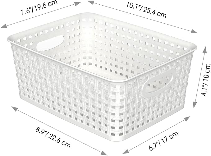 WYT Woven Plastic Storage Baskets, 6 Pack White Weave Bins Organizer, 10.1" x 7.55" x 4.1"
