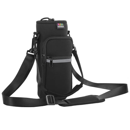Nuovoware Water Bottle Carrier Bag, 25oz/32oz Bottle Pouch Holder, Adjustable Shoulder Hand Strap 2 Pocket Sling Neoprene Sleeve Sports Accessories for Hiking Travelling Camping, Black