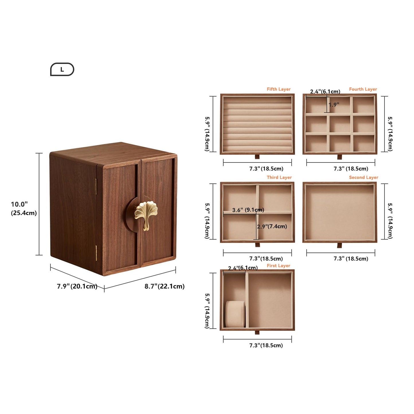 Homruilink Wooden Jewelry Box 5 Layer Black Walnut Large Jewelry Organizer with Brass Handle for Necklaces Rings Earrings Watches Storage, Fathers Day Gift (7.9x8.7x10.0inches)