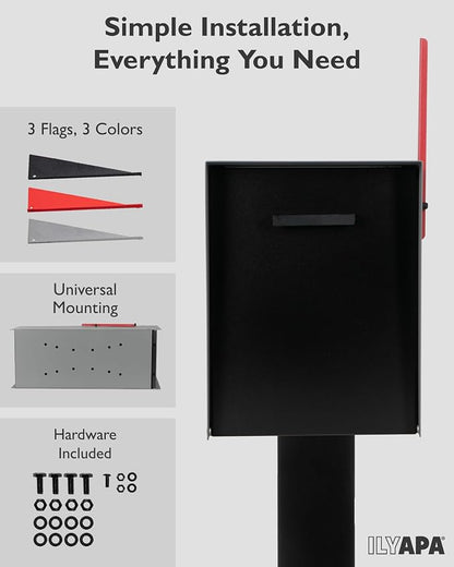 Ilyapa Modern Mailbox with Angle Design Post Mount - Gray Powder Coated Metal Mailbox with Black Door - Waterproof for Parcels, with Magnetic Door
