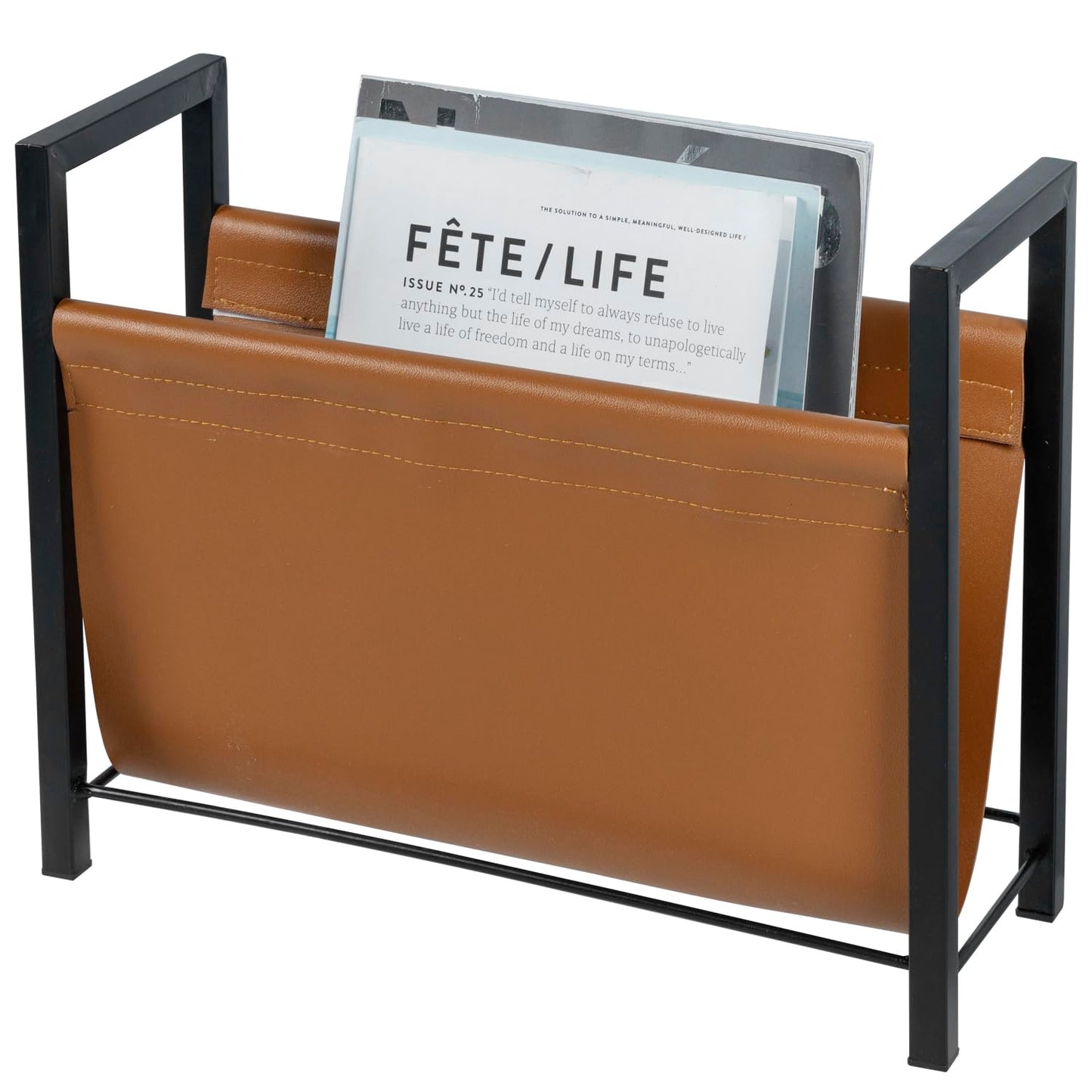 MyGift 15 Inch Modern Caramel Leatherette Magazine Holder with Rectangular Black Metal Frame, Floor Standing Faux Leather Book Storage Newspaper Rack, Home Bathroom Decor