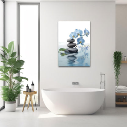 CXHOSTENT Spa Bathroom Wall Art Blue Orchid Flowers and Zen Stones on Water Pictures Print on Canvas Framed Artwork for Yoga Zen Room Decor (Zen-3, 12.00"x18.00")