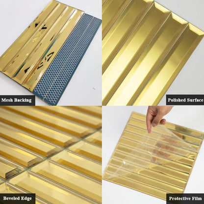 Diflart Beveled Mirror Backsplash Tiles for Kitchen, Gold Strip, 12x12 Inch, Mirror TIile for Bathroom Accent Wall, Pack of 5 Sq.ft