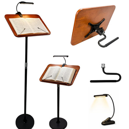 blinvcra 2 in 1 Multiplel-Use Music Stand with Light, Book Holder for Reading, Height Adjustable 18''-55'' Bible Shtender, Portable Podium Stand, Wood Table Stand for Laptop, Classroom, Church, Speech