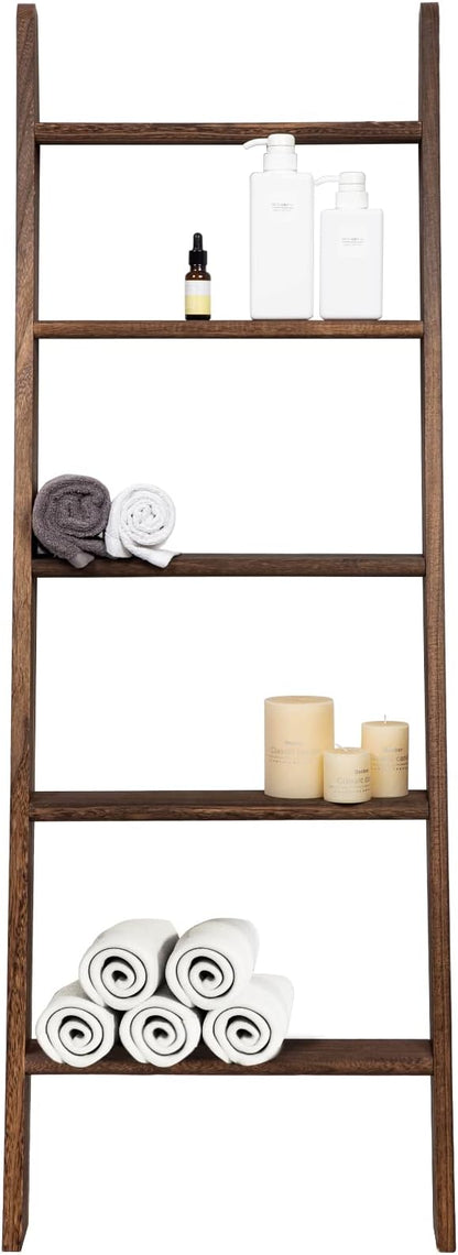 Rustic 5-Tier Wall-Leaning Wood Loadder Towel Racks for Bathroom Livingroom Kithen Office Woden Farmhouse Ladder-Style Blanket Rack Multipurpose Organizer Rack for Home (Brown)