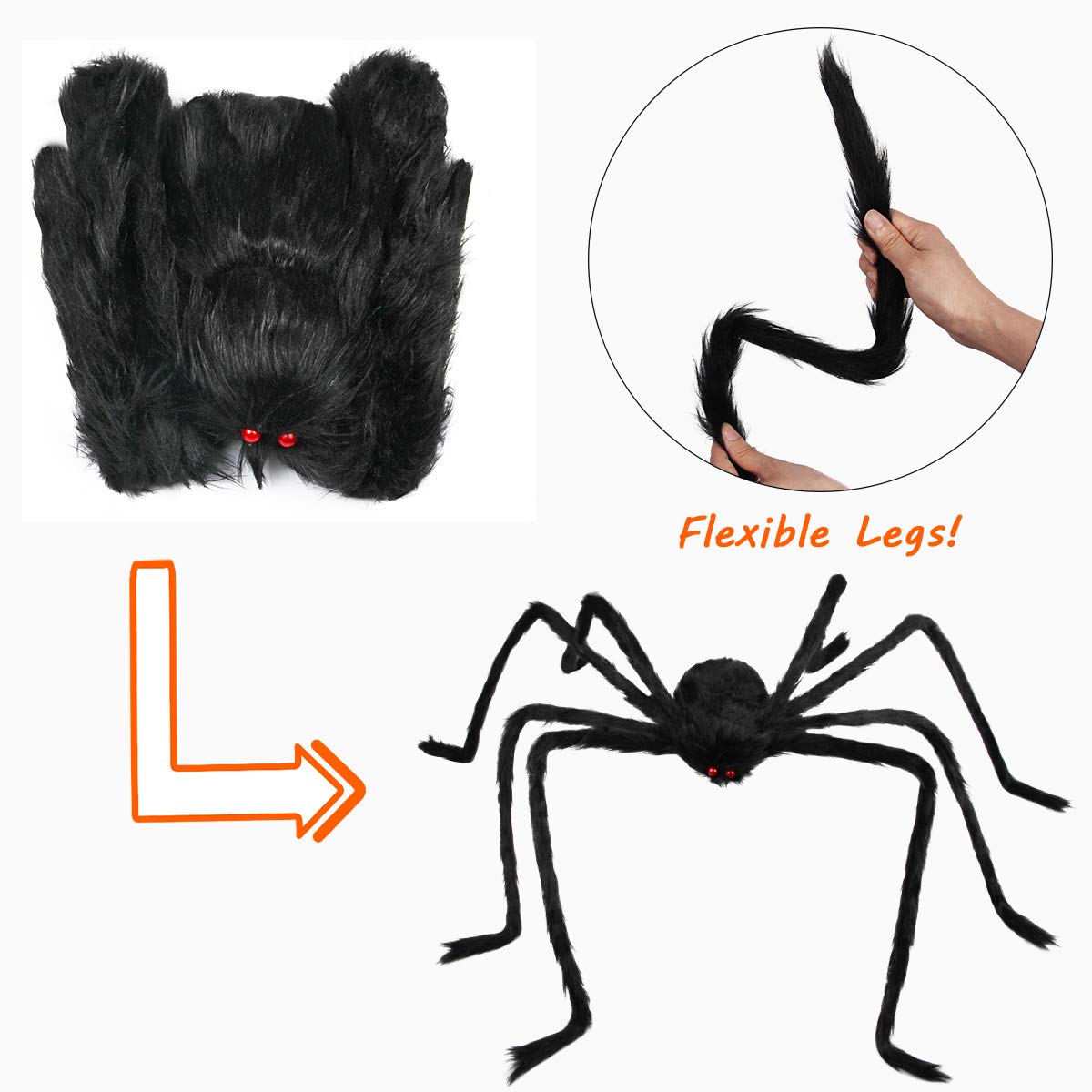 Libay Halloween Giant Spider Decorations - 2PCS Realistic Large Scary Props for Indoor Outdoor and Yard Garden Lawn Party (6.6FT) Black