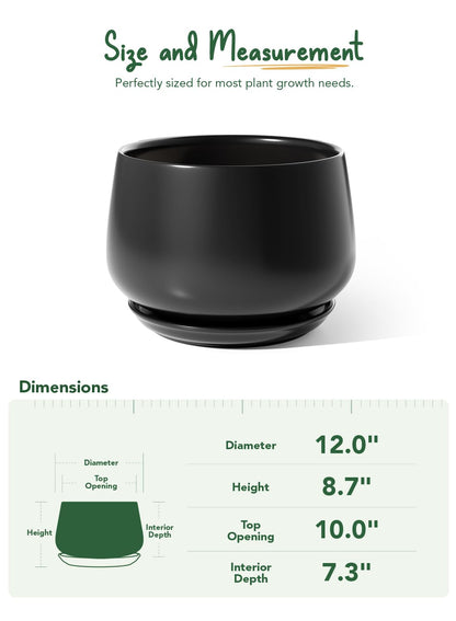 LE TAUCI Ceramic Planters, 12 Inch Pots for Plants, Indoor Plant Pots with Drainage Holes and Saucers, Modern Planters Fit Mid Century Plant Stand, Flower Pots for Indoor Plants, Black