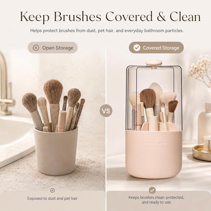 EACHY Makeup Brush Holder with Lid, 360° Rotating Vanity Organizer for Brushes, Dustproof Cosmetic Display Case, 7 Compartments, Waterproof Plastic (Pink)